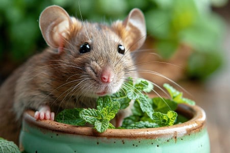 Brown rat turning away from a bowl of peppermint leaves in an indoor setting