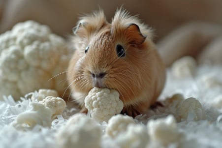 Joyful brown guinea pig with long hair looking at a floret of cauliflower on wood shavings bedding