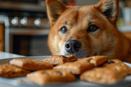 Shiba Inu curiously looking at a plate of Fig Newtons with chocolate filling on a kitchen countertop