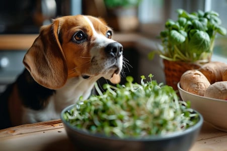 Beagle dog examining a bowl of fresh bean sprouts on a wooden table in a kitchen