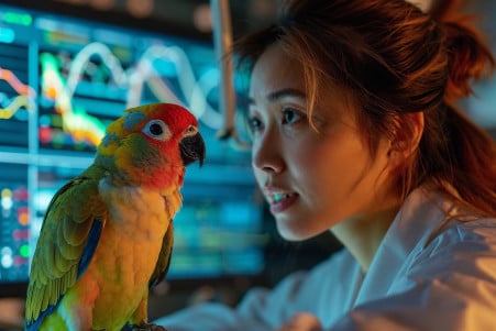Researcher in lab coat analyzing waveforms on a screen with a parrot beside, symbolizing AI in animal communication