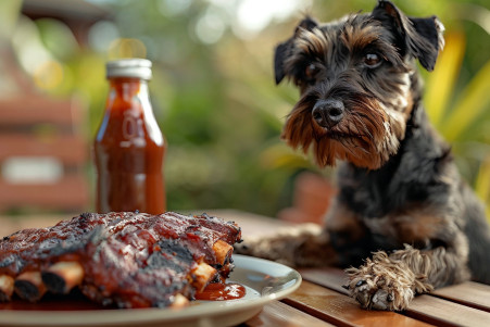 Curious Schnauzer eyeing a plate of BBQ ribs on an outdoor picnic table, illustrating pet safety with human foods