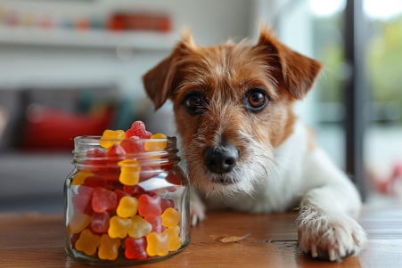 Curious Jack Russell Terrier eyeing a jar of gummy bears on a table in a bright living room