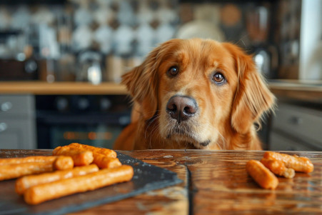 Golden retriever gazing longingly at Slim Jim sticks on a kitchen table, with an expression of understanding