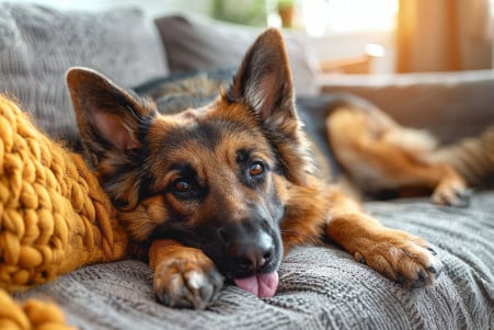 German Shepherd with tongue out, licking a couch in a sunlit cozy living room