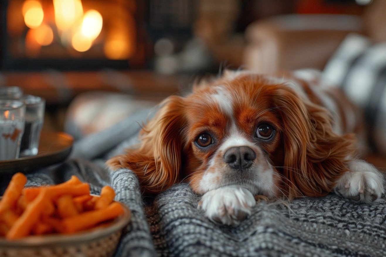 Cavalier King Charles Spaniel looking curiously at a blurred pack of red Hot Cheetos on a table