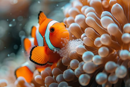 Parental clownfish with one of their eggs in mouth among colorful anemones and a blurred coral reef
