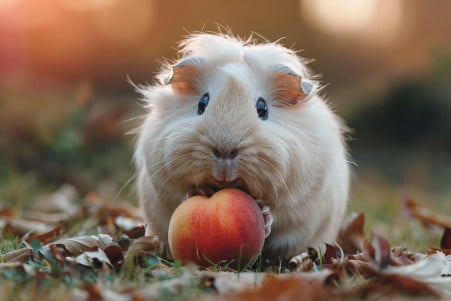 Fluffy guinea pig nibbling on a peach slice at an outdoor picnic setting