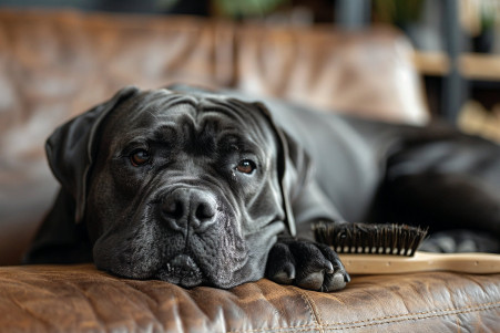 Black Cane Corso lying down with visible loose hairs and a grooming brush, in a home environment