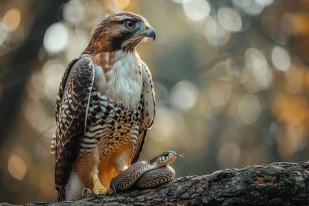 Majestic hawk perched on a tree branch, focused on observing a non-venomous snake, with a blurred natural background