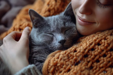 Calm Russian Blue cat being petted by a woman amidst cozy blankets and a pheromone diffuser
