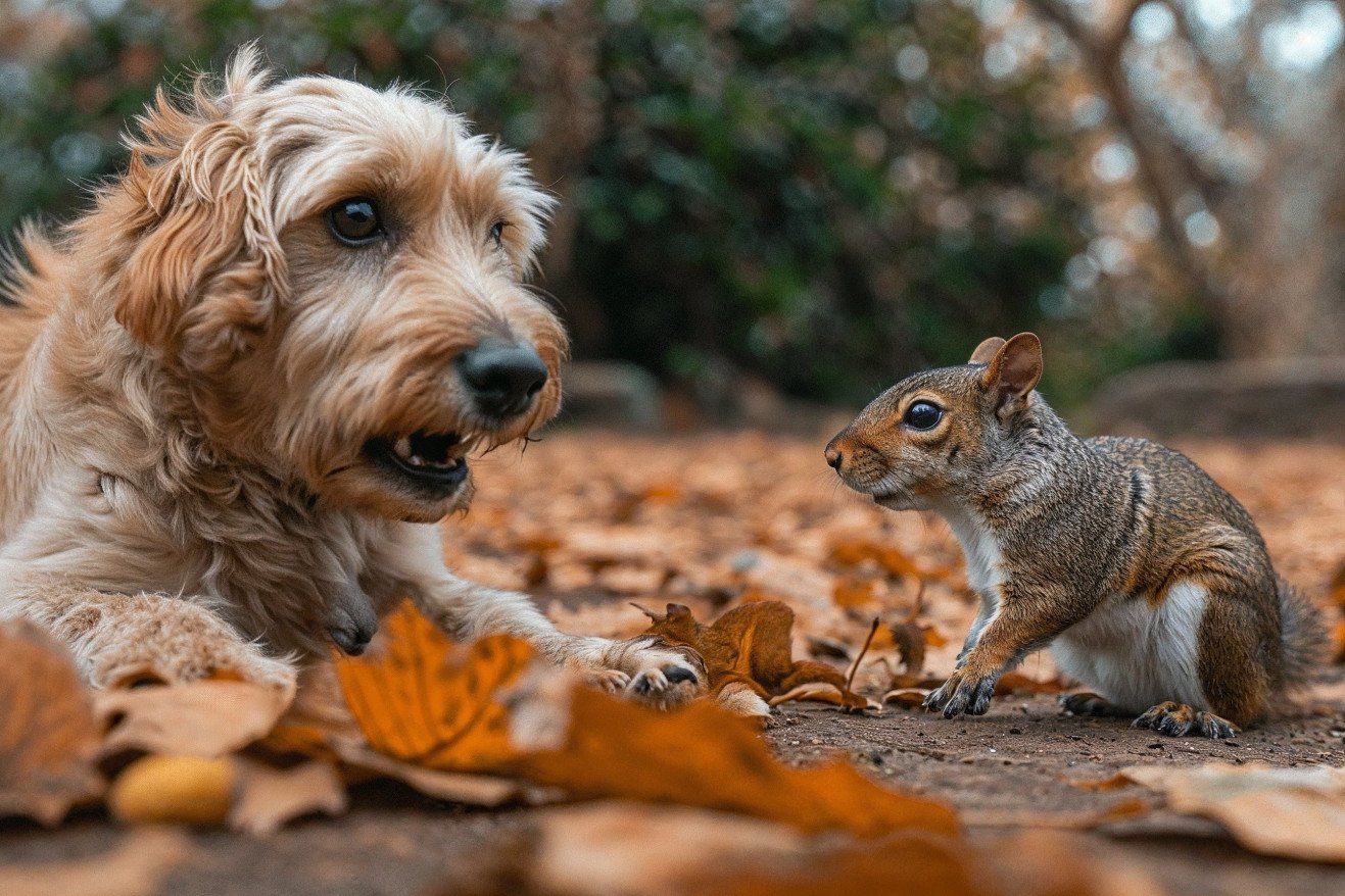 Dog barking at a squirrel in a park, illustrating canine communication behavior