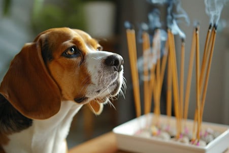 Worried Beagle turning away from lit incense sticks in a well-lit room, highlighting potential risks