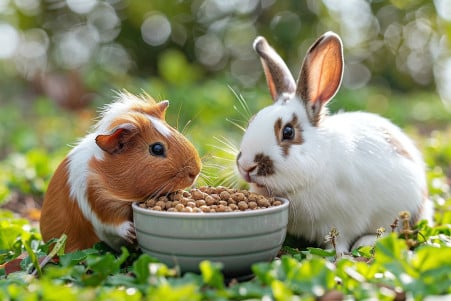 A guinea pig curiously looks at a white rabbit while eating from a bowl of rabbit food in a sunny garden