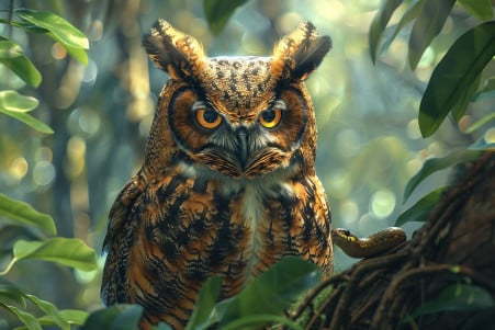 Great Horned Owl with yellow eyes perched on a branch, focusing on a snake below in a forest