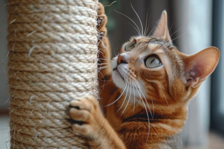 Alert Abyssinian cat clawing at a sisal rope scratching post with claw sheaths visible nearby