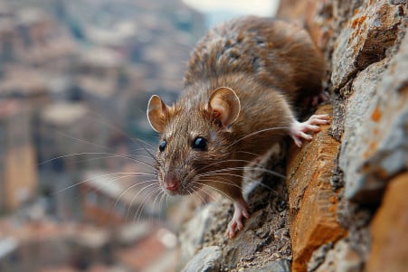 Brown rat climbing a textured wall with its sharp claws, showcasing agility in an urban environment