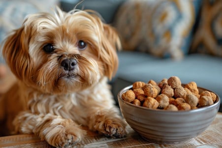 Shih Tzu eyeing a bowl of Brazil nuts on a coffee table in a warm, inviting living room