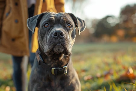 Attentive Cane Corso on a walk in a grassy park, looking into the distance with ears perked up