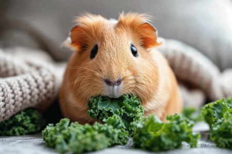 Guinea pig eating a piece of kale, looking content in a cozy indoor setting