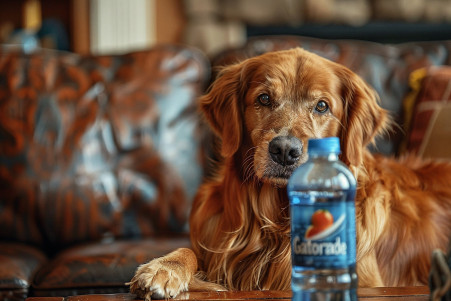 Golden Retriever looking longingly at a Gatorade bottle on a living room table
