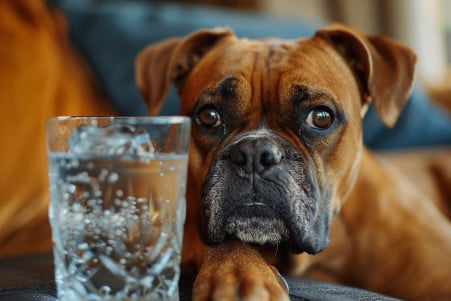 Intrigued Boxer dog examining a glass of sparkling water on a side table in a living room
