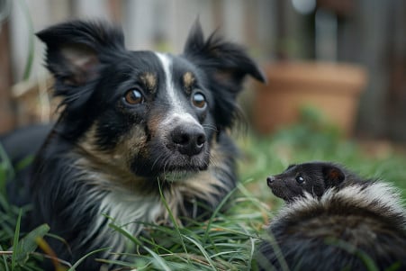 Worried Border Collie keeping a safe distance from a blurred skunk in a backyard