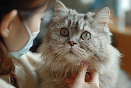 Silver shaded Persian cat with hazy eyes being examined by a vet with an ophthalmoscope in a clinic
