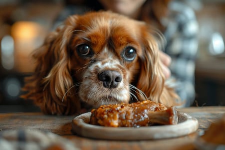Owner taking a pork chop bone from a disappointed Cavalier King Charles Spaniel in a kitchen