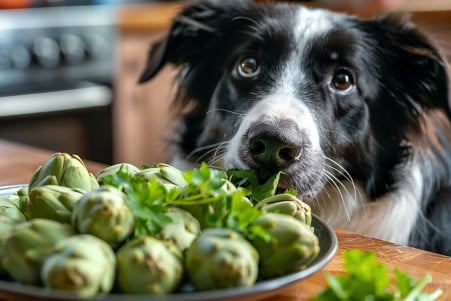 Happy border collie sniffing a plate of steamed artichokes in a well-lit modern kitchen