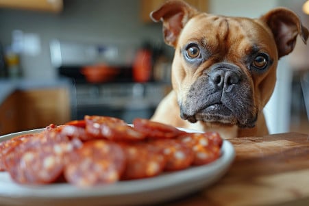 Curious brown dog sitting by a plate of chorizo in a kitchen, sniffing it cautiously