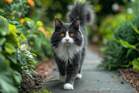 Alert black and white cat with a puffed-up tail standing on a garden path surrounded by greenery