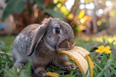Lop-eared rabbit sniffing a banana peel in a sunny garden setting