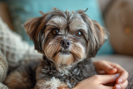 Affectionate Shih Tzu with pleading eyes follows its owner inside a cozy home
