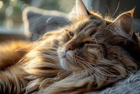Elderly, majestic Maine Coon cat with a long coat resting in a sunlit room, clear eyes reflecting its long life