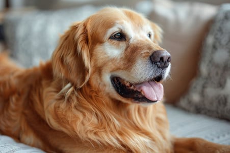 Happy Golden Retriever lying down, making a low rumbling sound, with a warm home environment in the background