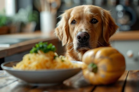 Labrador Retriever sitting at a dinner table, looking curiously at a plate of spaghetti squash