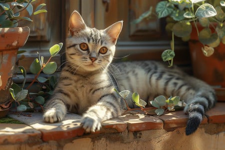 Relaxed American Shorthair cat with a silver tabby coat lying down on a patio, tail up, attentive to its surroundings