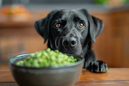 Black Labrador Retriever sitting in the kitchen, attentively looking at a bowl of cooked lima beans