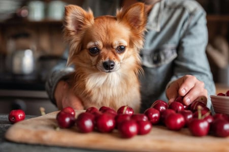 Dog owner keeping cherries away from a Chihuahua, who gazes longingly at them in a clean kitchen