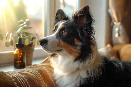 Border Collie sitting and looking at a bottle of eucalyptus oil on a high shelf in a cozy living room