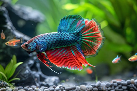 Serene blue and red betta fish with vibrant guppies in a lush, green planted aquatic tank