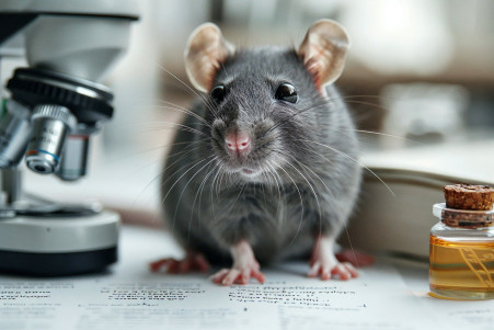 Curious pet rat with a sleek gray coat standing by research books and a microscope in a lab
