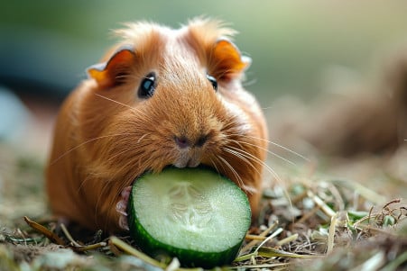 Joyous brown guinea pig nibbling on fresh cucumber on a bed of hay inside an enclosure