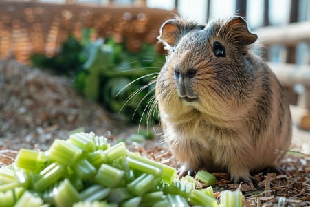 Alert guinea pig sitting by a pile of chopped celery in a cozy indoor hay-lined enclosure