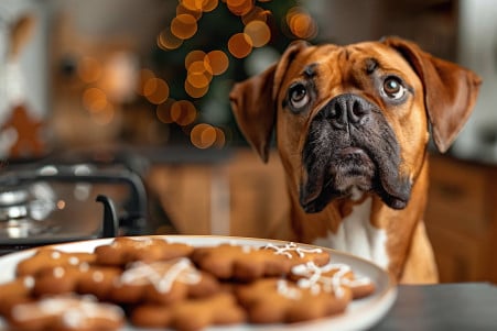 Boxer dog eyeing a gingerbread cookie on a kitchen counter with a blurred kitchen background