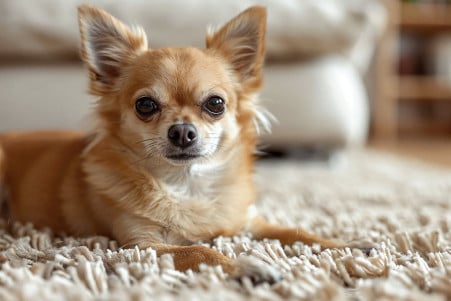 Adult Chihuahua caught scratching a beige carpet, highlighting instinctive canine behavior
