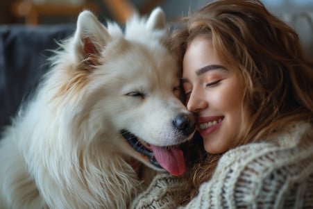 Fluffy white Samoyed with tongue out about to lick a smiling woman's ear, sitting on a black couch in a warm-lit living room