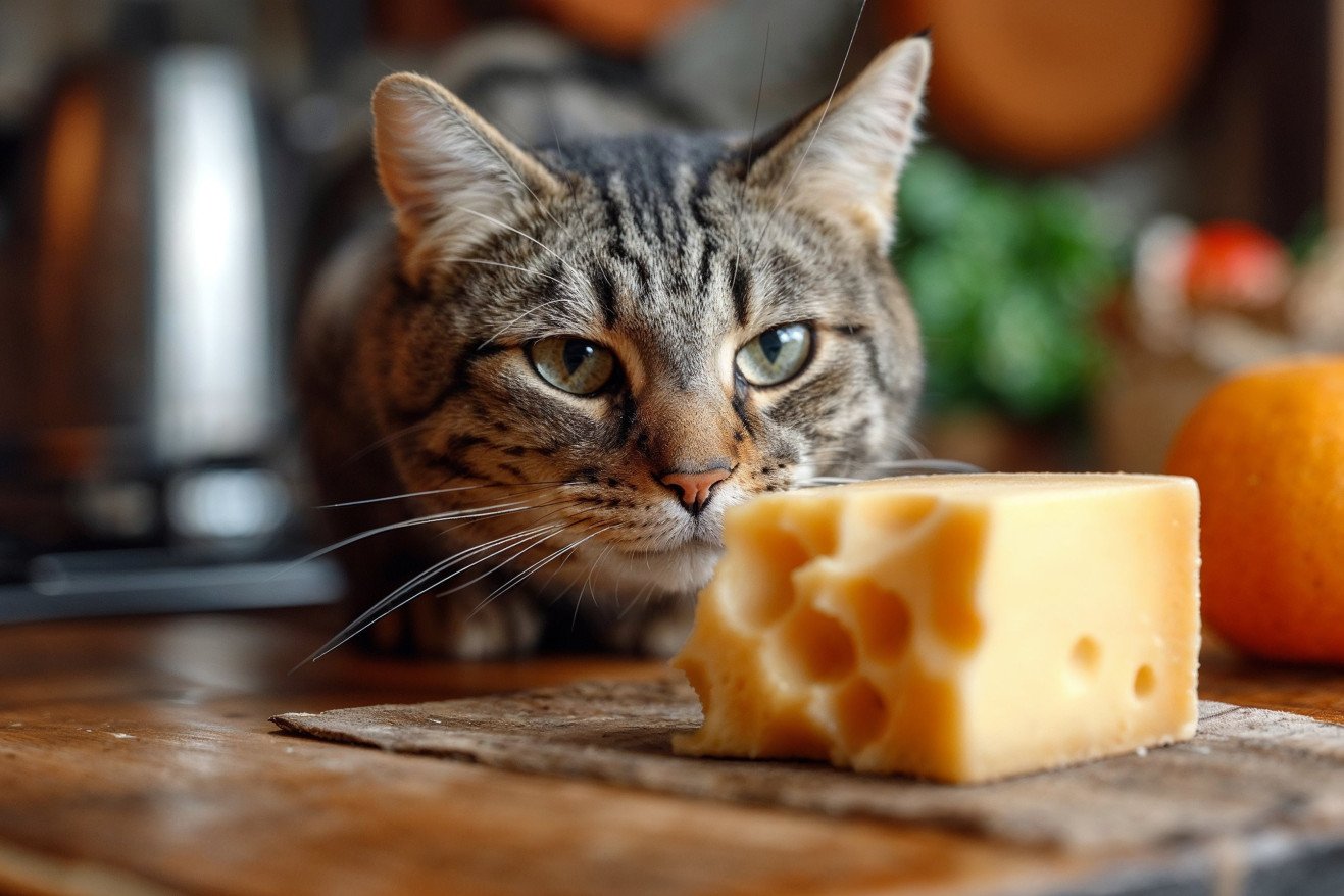 Curious cat sniffing a small piece of cheese in a domestic kitchen