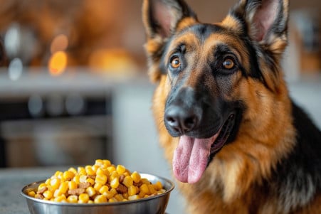 Happy German Shepherd waiting to eat a bowl of corn mixed with dog food in a kitchen